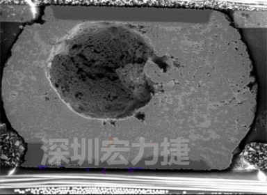 錫球氣泡大到足以影響到焊接的品質(zhì)，下圖是錫球切片后的剖面，可以很明顯看到氣泡已經(jīng)有錫球的 1/3 大了