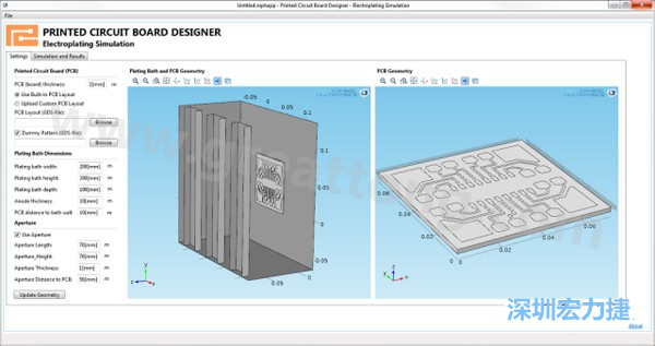 電鍍App允許PCB板設(shè)計(jì)人員導(dǎo)入不同的設(shè)計(jì)(包含或不含虛置圖形)，點(diǎn)擊計(jì)算，然后就能查看所仿真的厚度均勻性-深圳宏力捷