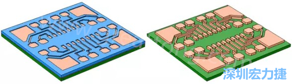 銅被電鍍?cè)趯?dǎo)電種子層之上，從而填滿了PCB板上的圖形化光刻膠腔體(左)。清除光刻膠，蝕刻暴露出的種子層以分隔開不同的銅線(右)-深圳宏力捷