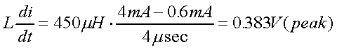 舉例來說，一個閘在"ON"而載有4mA的電流時，突然開關(guān)切到"OFF"且現(xiàn)在載有0.6mA的電流，假設(shè)開關(guān)時間為4msec，載有450mH的電感信號的導(dǎo)體，此時所產(chǎn)生的電壓突波為