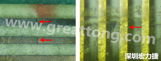 一旦找到確切的銅箔線(xiàn)路斷裂位置，如果還是無(wú)法觀(guān)察到斷裂的現(xiàn)象，就試著在顯微鏡下彎曲該位置的軟板，這樣就可以突顯并放大斷裂銅箔的開(kāi)口了。 