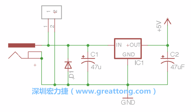 2.5.    新增一個二極體，它會以水平的狀態(tài)出現(xiàn)在屏幕上，請使用「旋轉(zhuǎn)（Rotate）」工具把它負(fù)極那一面朝上，并且用「網(wǎng)絡(luò)連接」工具將它連接在電壓調(diào)整器的輸入端和接地端之間。