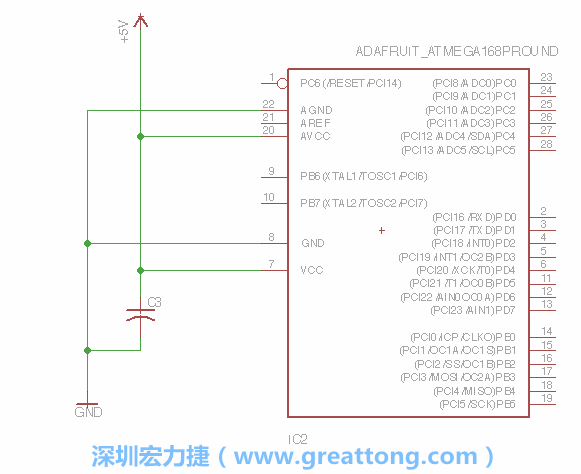 3.1.    新增微控制器晶片（RBBB → ATmega），把它放在電路原理圖的中央附近，把它的兩個接地接頭連接到接地訊號端。