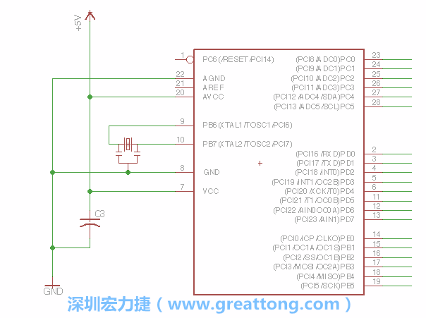 3.2.    在靠近ATmega的電源供應(yīng)針腳7的位置放置一個0.1μF的電容，將它分別連接電源、接地端和針腳7。