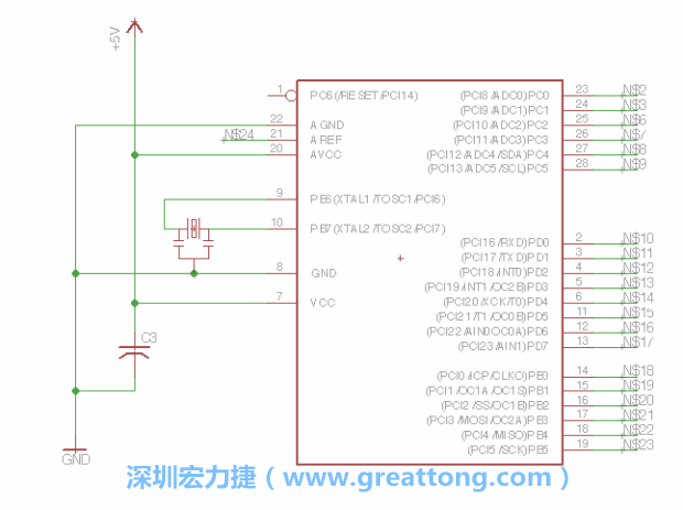 3.3.    將共鳴器（resonator）放置在針腳9和針腳10附近，將它的三個針腳連接如圖所示，并確認(rèn)最中間的針腳有連到接地端。