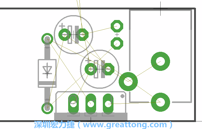 如同第一篇的步驟，我們將從電源迴路開始著手，移動(dòng)電源插座（Power Jack）、電壓調(diào)整器、二極體、兩個(gè)電容和輔助接頭JP1到如上圖所示的位置。