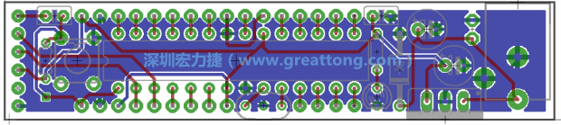 第二篇文章則帶領(lǐng)你進行電路板上的布線、連結(jié)點的配置，并利用「設(shè)計規(guī)則檢查（Design Rule Check）」測試你的設(shè)計，第二篇文章的電路板設(shè)計圖將如下所示：
