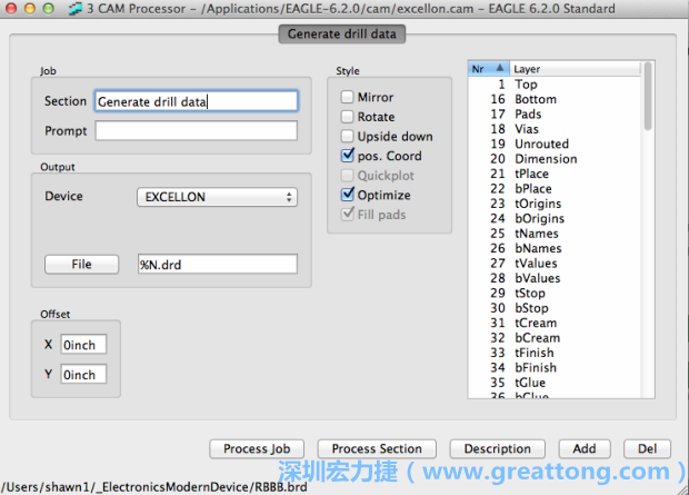 打開「excellon.cam」的工作項目并建立drill文件（副檔名為「.dri」和「.drd」），之后你只會用到「.drd」的文件檔；「.dri」的文件只是解釋用資料（所謂后設(shè)資料）而已。