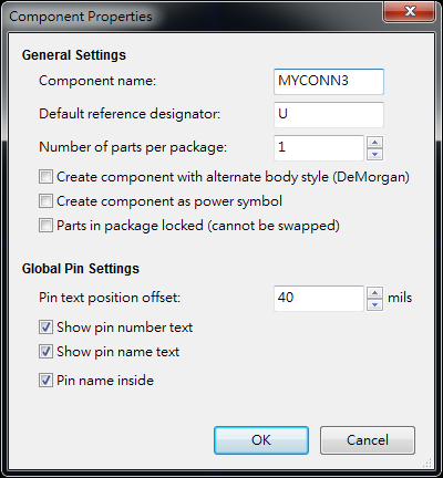 按下工具  "Create a new component"， 出現(xiàn)底下畫(huà)面， 按下OK后， 產(chǎn)生MYCONN3/U? 文字重迭在一在， 把它們分開(kāi)(用mouse選擇并按下"M"， 即可移動(dòng))