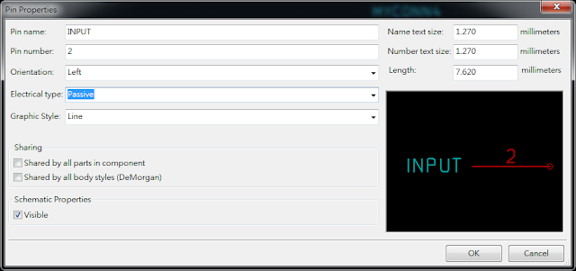 按下工具 "Add pins to the component"， 如底下畫(huà)面，  Electrical type 都選 Passive