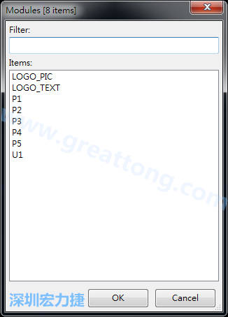 從目前正在編輯的PCB載入Module， 會顯示有那些項(xiàng)目可載入。點(diǎn)選一個(gè)， OK后即完成載入