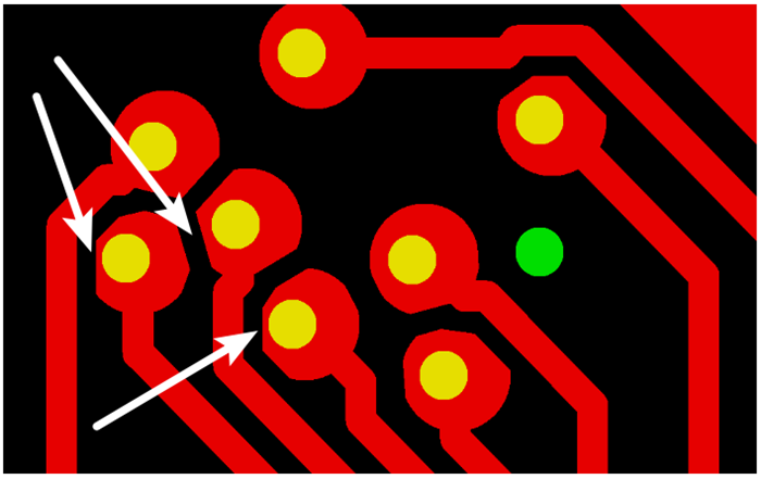 按源文件文件數(shù)據(jù)計(jì)算，孔邊緣到線邊緣6mil，孔環(huán)4mil，環(huán)到線只有2mil，保證環(huán)到線之間有3mil的安全間距需削1mil焊環(huán)，削后焊盤只有3mil